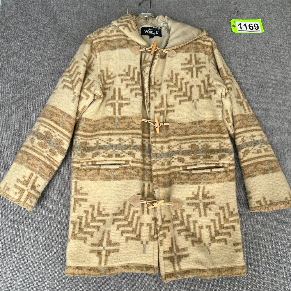 Woolrich Duffle Coat Womens Small Beige Aztec Fair Isle Hooded Wool Blend Warm